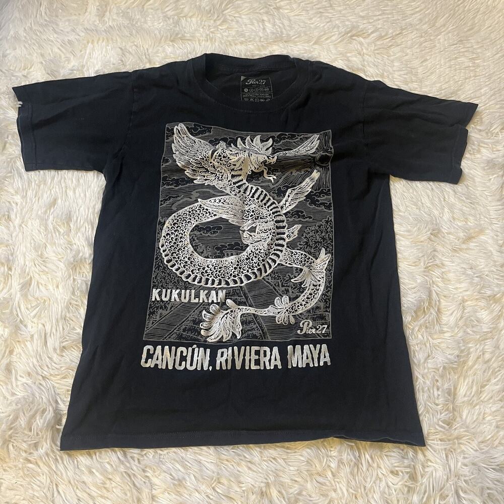 Graphic Kukulkan Silver Dragon Pier 27 Cancun Riviera Maya Black T-Shirt Small